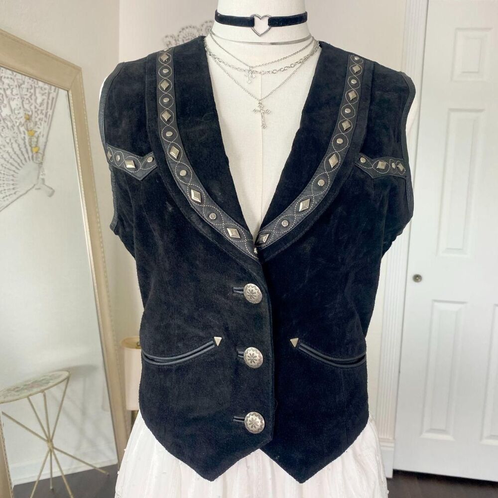 Vintage Cripple Creek Black Suede Western Vest Concho Buttons Size M - Picture 2 of 8